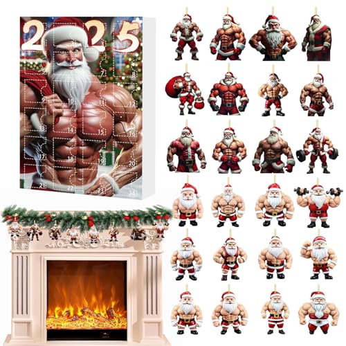 Jubepk Weihnachtskalender Countdown - 2025 2D Acryl Muskeln Santa Ornament Advent Spielzeug - Liebenswerte Weihnachtsdekoration für Familie Jugend Sohn Frauen Freunde Jungen von Jubepk