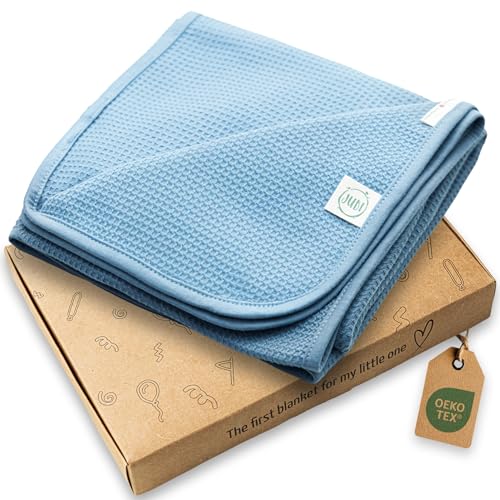 Jubi® Babydecke 100% Baumwolle 70 * 100 cm– weiche Decke für Neugeborene – Kuschelige Babydecke für Kinderwagen & Bett – Oeko-Tex Zertifiziert –Schönes Geschenk zur Geburt (Denim Blue) von Jubi