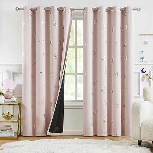 Jubilantex Rosa Verdunkelungsvorhänge, 241,3 cm lang, für Mädchen, Kinderzimmer, romantischer Goldschmetterling, Foliendruck, Fenstervorhänge, Raumverdunkelungsvorhang für Schlafzimmer, Wohnzimmer, von Jubilantex