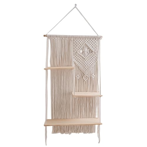 Jubilofex Boho Wandregal – Makramee- mit 3 Ebenen, schwimmende Halterung mit Seil | Bohemian Hanging Display Unit Rustikaler Organizer für Bücher Töpfe Post von Jubilofex