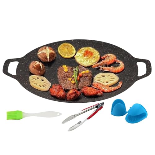 Jubilofex Grillpfanne, Grillpfanne für die Innenküche – runder Gusseisen-Gleit, Bratteller, tragbares Küchenzubehör, inklusive Bürsten, Handschuhe, Zangen, von Jubilofex