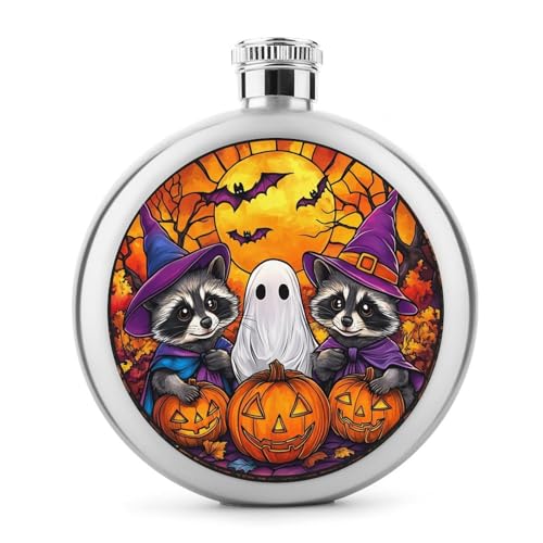 Buntglas-Flachmann mit Halloween-Waschbären, Geist-Motiv, Edelstahl, für Likör, runde Tasche, tragbare Weinflasche für Getränke, 142 ml Buntglas-Flachmann mit Halloween-Waschbären, Geist-Motiv, Edelstahl, für Likör, runde Tasche, tragbare Weinflasche für Getränke, 142 ml von Jubonexis