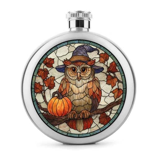 Flachmann aus Edelstahl mit Buntglas-Eule, Hexenhut, Halloween, Kürbis, für Likör, runde Tasche, tragbare Weinflasche für Getränke, 142 ml Flachmann aus Edelstahl mit Buntglas-Eule, Hexenhut, Halloween, Kürbis, für Likör, runde Tasche, tragbare Weinflasche für Getränke, 142 ml von Jubonexis