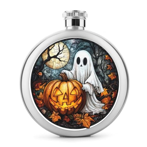Ghost and Pumpkin Halloween Horror Edelstahl-Flachmann für Likör, runde Tasche, tragbare Weinflasche für Getränke, 142 ml Ghost and Pumpkin Halloween Horror Edelstahl-Flachmann für Likör, runde Tasche, tragbare Weinflasche für Getränke, 142 ml von Jubonexis