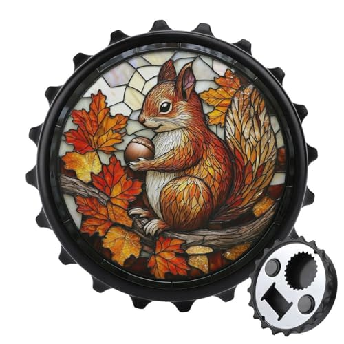 Glasmalerei-Flaschenöffner mit Eichhörnchen-Motiv, rund, Kühlschrankmagnete, Getränke, Bier, magnetischer Flaschenöffner für Kühlschrank, Küche, Büro von Jubonexis