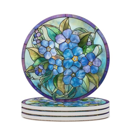 Glasmalerei-Untersetzer mit blauen Blumen, 4 Stück, saugfähige Untersetzer von Jubonexis