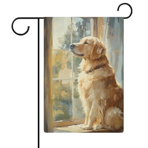 Golden Retriever Gartenflagge, sitzend am Fenster, saisonale Feiertage, Jute, doppelseitig, 30,5 x 45,7 cm von Jubonexis