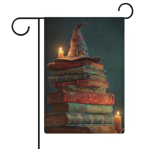 Halloween-Bücher mit Kerzen, alter Hexenhut, Gartenflagge, saisonale Feiertage, Jute, doppelseitig, Haus, Hof, Außenflaggen, 30,5 x 45,7 cm Halloween-Bücher mit Kerzen, alter Hexenhut, Gartenflagge, saisonale Feiertage, Jute, doppelseitig, Haus, Hof, Außenflaggen, 30,5 x 45,7 cm von Jubonexis