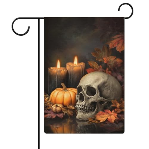 Halloween-Flagge mit Totenkopf-Kürbis-Kerzen, Gartenflagge, Haus, Hof, Außenflagge, saisonale Feiertage, Jute, doppelseitig, 30,5 x 45,7 cm Halloween-Flagge mit Totenkopf-Kürbis-Kerzen, Gartenflagge, Haus, Hof, Außenflagge, saisonale Feiertage, Jute, doppelseitig, 30,5 x 45,7 cm von Jubonexis
