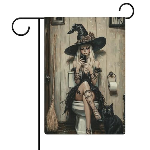 Halloween-Hexe sitzt auf Toilette, Gartenflagge, saisonale Feiertage, Jute, doppelseitig, Haus, Hof, Außenflaggen, 30,5 x 45,7 cm Halloween-Hexe sitzt auf Toilette, Gartenflagge, saisonale Feiertage, Jute, doppelseitig, Haus, Hof, Außenflaggen, 30,5 x 45,7 cm von Jubonexis