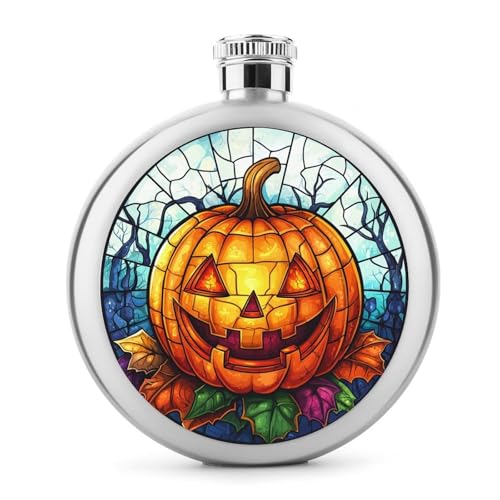 Halloween-Kürbis-Edelstahl-Flachmann für Likör, runde Tasche, tragbare Weinflasche für Getränke, 142 ml Halloween-Kürbis-Edelstahl-Flachmann für Likör, runde Tasche, tragbare Weinflasche für Getränke, 142 ml von Jubonexis