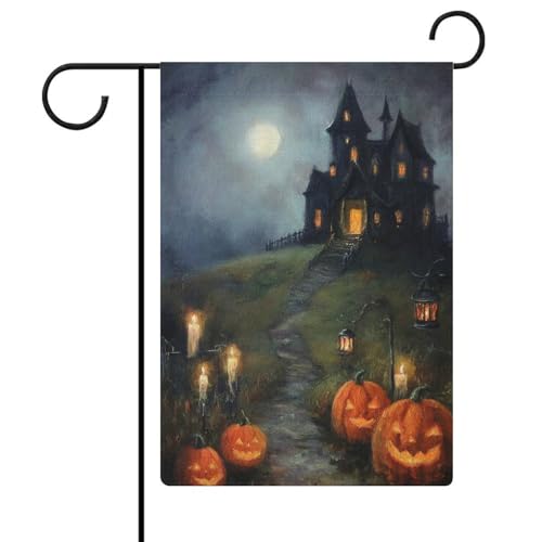 Halloween-Nacht, Spukhaus, Gartenflagge, saisonaler Urlaub, Jute, doppelseitig, 30,5 x 45,7 cm von Jubonexis