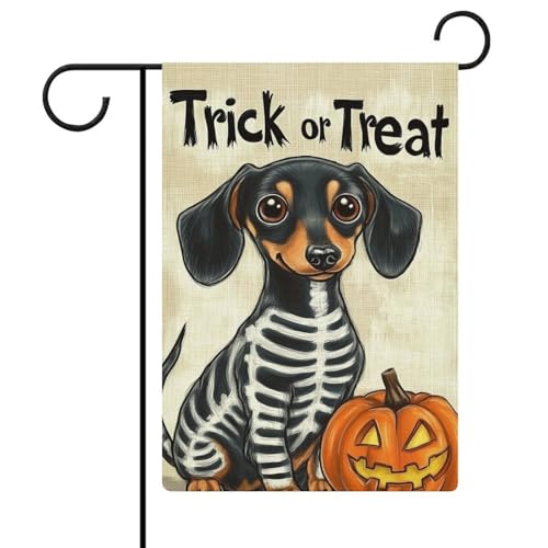 Halloween-Skelett-Outfit, Dackel-Gartenflagge, saisonaler Urlaub, Jute, doppelseitig, 30,5 x 45,7 cm Halloween-Skelett-Outfit, Dackel-Gartenflagge, saisonaler Urlaub, Jute, doppelseitig, 30,5 x 45,7 cm von Jubonexis