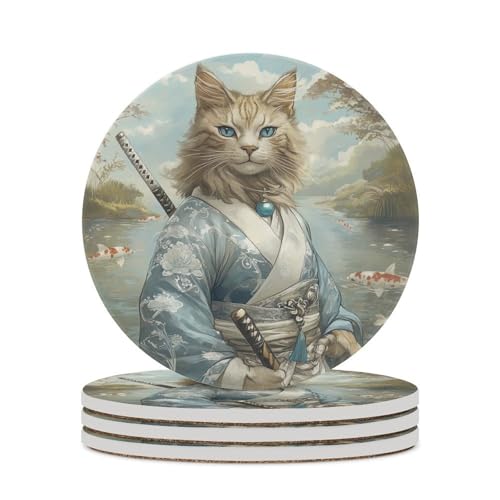 Hellblaue Kimono-Katzen-Untersetzer, Set mit 4 saugfähigen Untersetzern von Jubonexis