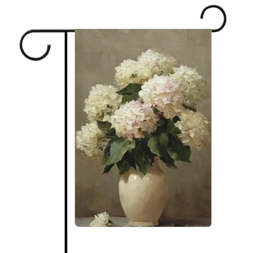 Hortensienstrauß in einer Vase, Gartenflagge, saisonaler Urlaub, Jute, doppelseitig, 30,5 x 45,7 cm von Jubonexis