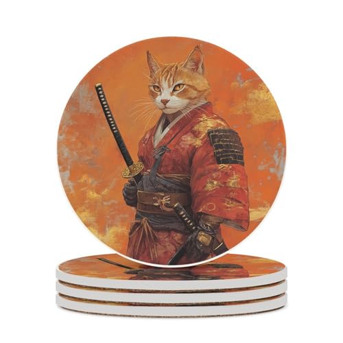 Japanische orangefarbene Katzen- und Waffen-Untersetzer, Set mit 4 saugfähigen Untersetzern von Jubonexis