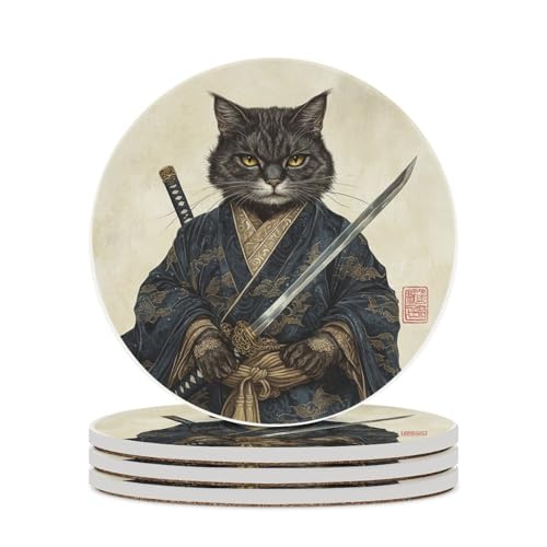 Japanische schwarze Katze hält Waffen-Untersetzer, Set mit 4 saugfähigen Untersetzern von Jubonexis