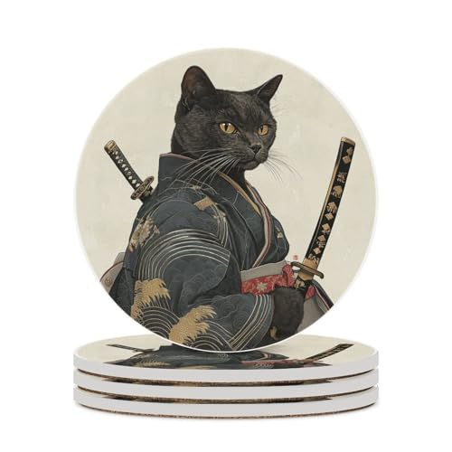 Japanische schwarze Katze und Waffen-Untersetzer, Set mit 4 saugfähigen Untersetzern von Jubonexis