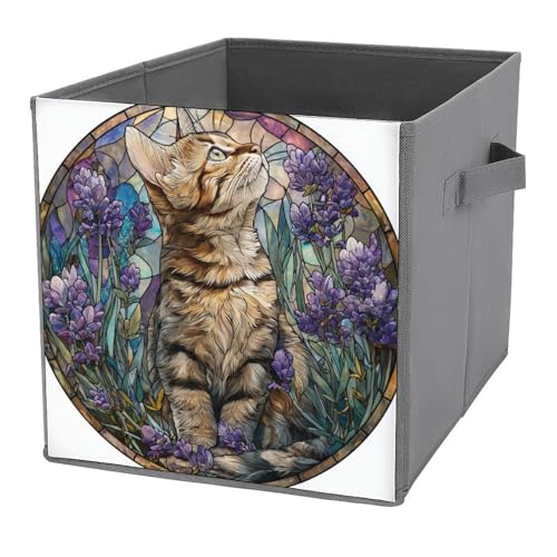 Jubonexis Aufbewahrungskörbe, Buntglas, getigerte Katze, Lavendel, Würfel, Aufbewahrungswürfel, faltbar, dekorative Stoff-Aufbewahrungskörbe, Heim-Organizer mit Griffen für Regale, Schrank, 27 x 27 cm Jubonexis Aufbewahrungskörbe, Buntglas, getigerte Katze, Lavendel, Würfel, Aufbewahrungswürfel, faltbar, dekorative Stoff-Aufbewahrungskörbe, Heim-Organizer mit Griffen für Regale, Schrank, 27 x 27 cm von Jubonexis