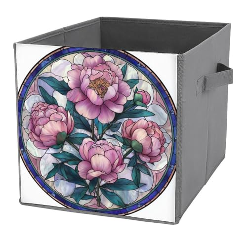 Jubonexis Aufbewahrungskörbe aus Buntglas, Motiv: Pfingstrosen, faltbar, dekorative Stoff-Aufbewahrungskörbe, Heim-Organizer mit Griffen für Regale, Schrank, 27 x 27 cm Jubonexis Aufbewahrungskörbe aus Buntglas, Motiv: Pfingstrosen, faltbar, dekorative Stoff-Aufbewahrungskörbe, Heim-Organizer mit Griffen für Regale, Schrank, 27 x 27 cm von Jubonexis