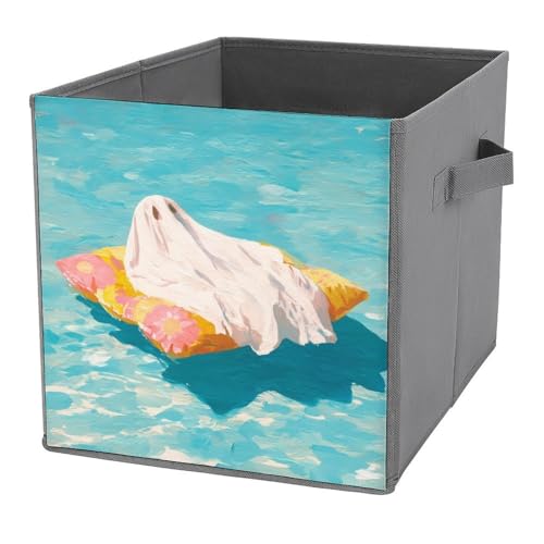 Jubonexis Aufbewahrungskörbe aus Stoff, Motiv: Geist auf Pool, schwimmend, faltbar, dekorative Stoff-Aufbewahrungskörbe, Heim-Organizer mit Griffen für Regale, Schrank, 27 x 27 cm von Jubonexis