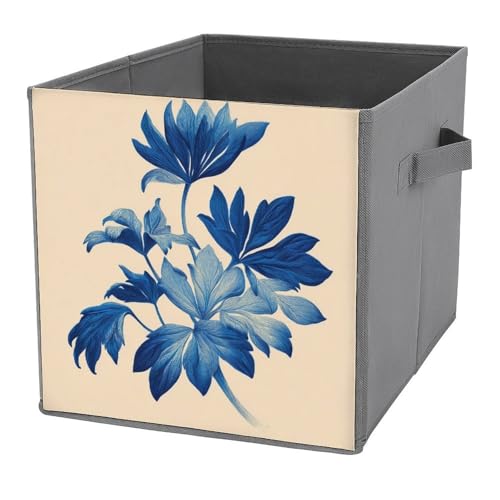 Jubonexis Aufbewahrungskörbe mit Pflanzenblättern, faltbar, dekorativer Stoff, Organizer mit Griffen für Regale, Schrank, 27 x 27 cm, Blau Jubonexis Aufbewahrungskörbe mit Pflanzenblättern, faltbar, dekorativer Stoff, Organizer mit Griffen für Regale, Schrank, 27 x 27 cm, Blau von Jubonexis