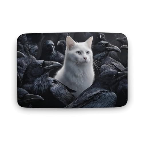 Jubonexis Badezimmer-Fußmatte, weiße Katze und schwarze Raben, extra weiche Korallensamt-Bodenmatte, schnelle Wasseraufnahme, rutschfest, bequem, Badteppich, 40 x 60 cm von Jubonexis