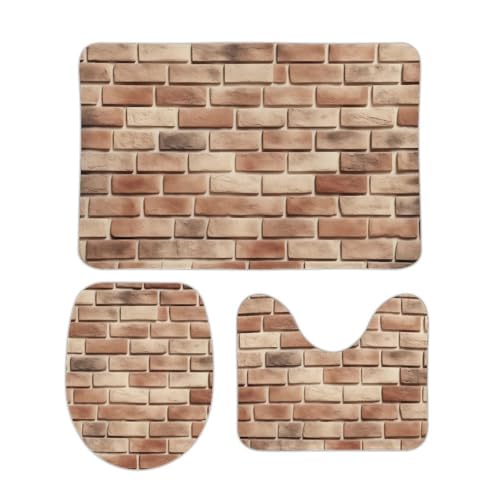 Jubonexis Badezimmerteppich-Set, klassisch, rote Ziegelsteinwand-Textur, 3-teilig, Badematten, U-Form, WC-Deckelbezug, Konturmatte, Duschvorleger, Badematte für Badezimmer, Badewanne, WC von Jubonexis
