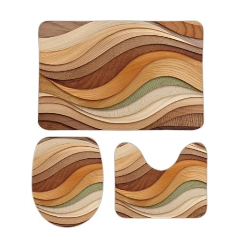 Jubonexis Badezimmerteppich-Set mit abstrakter Holzkunst-Textur, 3-teilig, Badematten, U-förmiger WC-Deckelbezug, Konturmatte, Duschmatten, Badteppich, Matte für Badezimmer, Badewanne, WC von Jubonexis