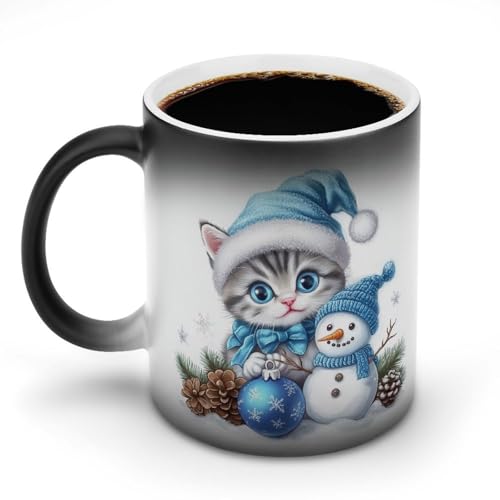 Jubonexis Blaue Keramik-Kaffeetasse mit Weihnachtsmannmütze, Kätzchen mit Schneemann, Farbwechsel, 325 ml von Jubonexis