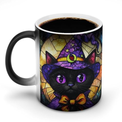 Jubonexis Buntglas-Kaffeetasse mit schwarzem Kätzchen, wärmewechselnde Keramik-Kaffeetasse, lustiger Tee-Wasserbecher, 325 ml von Jubonexis