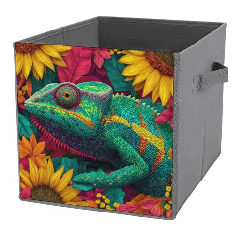 Jubonexis Chamäleon Aufbewahrungskörbe, tropische Sonnenblumen, würfelförmig, faltbar, dekorative Stoff-Aufbewahrungskörbe, Heim-Organizer mit Griffen für Regale, Schrank, 27 x 27 cm Jubonexis Chamäleon Aufbewahrungskörbe, tropische Sonnenblumen, würfelförmig, faltbar, dekorative Stoff-Aufbewahrungskörbe, Heim-Organizer mit Griffen für Regale, Schrank, 27 x 27 cm von Jubonexis