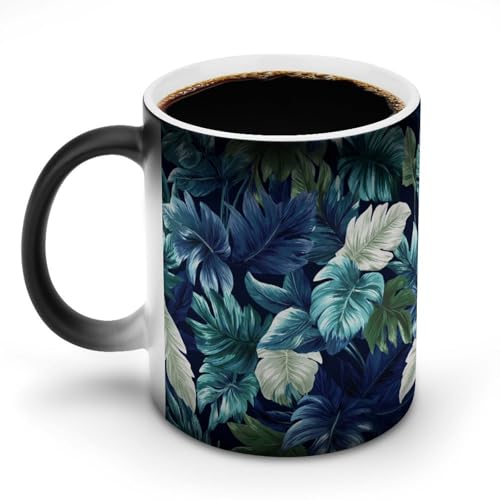 Jubonexis Dunkelblaue und weiße tropische Blätter, farbwechselnde Tassen, wärmewechselnde Keramik-Kaffeetasse, lustige Tee-Wasser-Tasse, 325 ml von Jubonexis