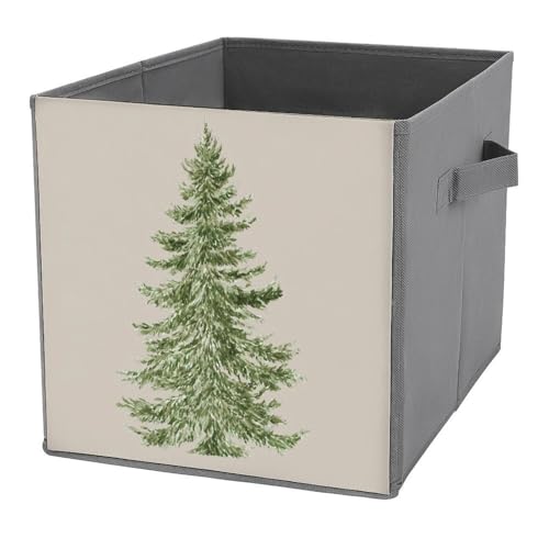 Jubonexis Evergreen Tree Aufbewahrungskörbe, grüne Blätter auf neutralem beigefarbenem Würfel, Aufbewahrungswürfel, faltbar, dekorative Stoff-Aufbewahrungskörbe, Heim-Organizer mit Griffen für Regale von Jubonexis
