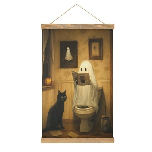 Jubonexis Halloween-Geist, Lesen, Zeitung, Toilette, Katze, Leinwand, Gemälde, Holzrahmen, Poster, Aufhänger, Bilder-Set, Wandkunst von Jubonexis