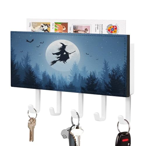 Jubonexis Hexe fliegt auf Besenstiel Silhouette Schlüsselhalter für Wand Post Organizer Wandhalterung mit 5 Haken Acryl Schlüsselbrett für Home Office Eingang von Jubonexis