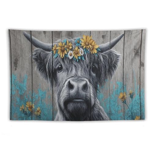 Jubonexis Hochlandkuh Gänseblümchen Zaun Holztapisserie Polyester ästhetischer Wandbehang Schlafzimmer Wohnzimmer Wohnheim Dekor 101,6 x 152,4 cm von Jubonexis