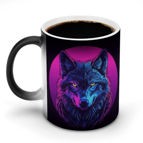 Jubonexis Kaffeetasse aus Keramik mit Neonwolf, gelbe Augen, Farbwechsel, 325 ml von Jubonexis