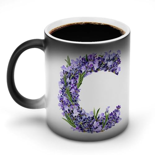 Jubonexis Kaffeetasse mit Buchstabe C, Lavendelblüten, Farbwechsel, Keramik, lustig, 325 ml von Jubonexis