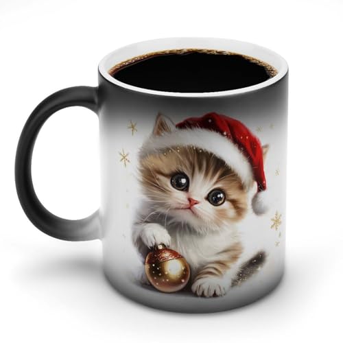 Jubonexis Keramik-Kaffeetasse, Motiv: Kätzchen mit rot-weißer Weihnachtsmannmütze, Farbwechsel, 325 ml von Jubonexis