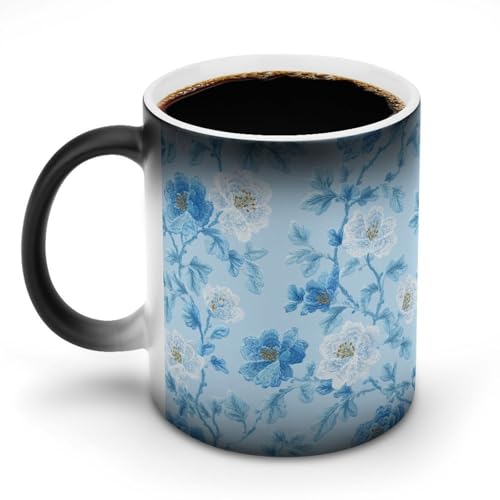 Jubonexis Keramik-Kaffeetasse, hellblau und weiß, klein, Blumenmuster, Farbwechsel, 325 ml von Jubonexis