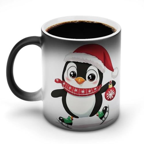 Jubonexis Keramik-Kaffeetasse mit Cartoon-Pinguin mit Weihnachtsmannmütze, Farbwechsel, 325 ml von Jubonexis