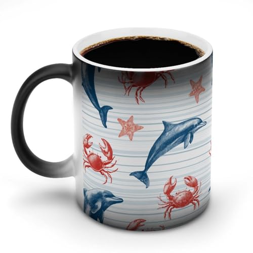 Jubonexis Keramik-Kaffeetasse mit Delfinen und Krabben, Farbwechsel, 325 ml von Jubonexis