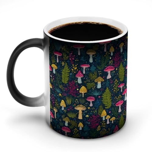 Jubonexis Keramik-Kaffeetasse mit Pilzen und Farnen auf dunkelmarineblauem Farbwechsel, 325 ml von Jubonexis