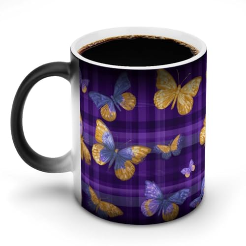 Jubonexis Keramik-Kaffeetasse mit gelb-blauen Schmetterlingen auf lila karierten Farbwechseln, 325 ml von Jubonexis