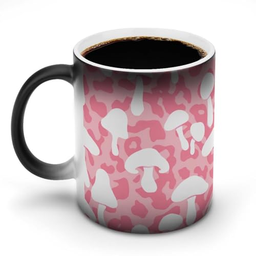 Jubonexis Keramik-Kaffeetasse mit weißem Pilz auf rosa Leopardenmuster, Farbwechsel, 325 ml von Jubonexis