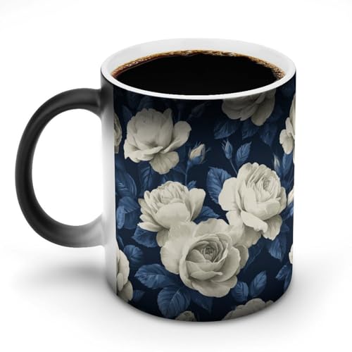 Jubonexis Keramik-Kaffeetasse mit weißem Rosenmuster, Farbwechsel, 325 ml von Jubonexis