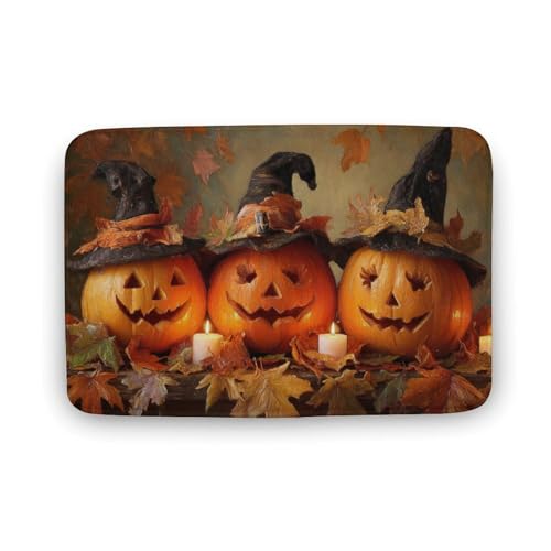 Jubonexis Kürbisse, Hexenhüte, Kerzen, Herbstblätter, Badezimmer-Fußmatte, extra weiche Korallensamt-Bodenmatte, schnelle Wasseraufnahme, rutschfest, bequem, Badteppich, 40 x 60 cm Jubonexis Kürbisse, Hexenhüte, Kerzen, Herbstblätter, Badezimmer-Fußmatte, extra weiche Korallensamt-Bodenmatte, schnelle Wasseraufnahme, rutschfest, bequem, Badteppich, 40 x 60 cm von Jubonexis