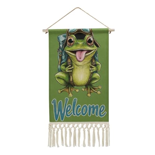 Jubonexis Leinen-Wandteppich, niedlicher Frosch, Rucksack, Vintage-Wandbehang, Poster mit Quaste und Holzstange zum Aufhängen Jubonexis Leinen-Wandteppich, niedlicher Frosch, Rucksack, Vintage-Wandbehang, Poster mit Quaste und Holzstange zum Aufhängen von Jubonexis