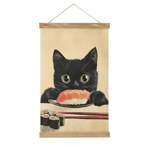 Jubonexis Leinwandbild, Motiv: niedliche schwarze Katze, die Sushi isst, Holzrahmen, Poster, Aufhänger, Bild-Set, Wandkunst von Jubonexis